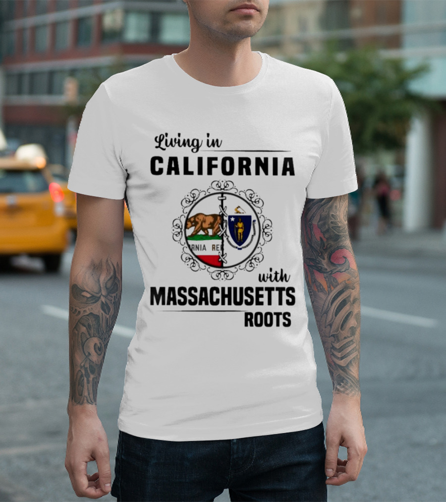 Living in California with Massachusetts Roots California Republic Massachusetts Flag T-Shirt