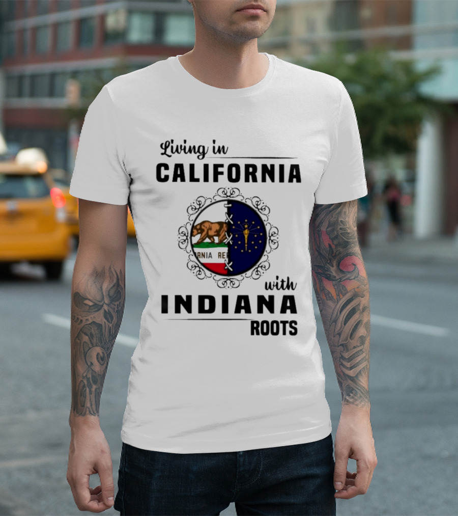 Living in California with Indiana Roots Bear and Torch Flag Emblem T-Shirt