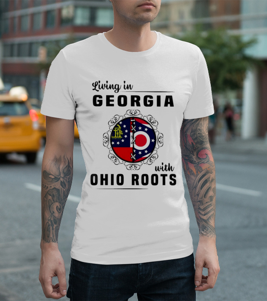 Living in Georgia Embracing Ohio Roots with Combined State Symbols T-Shirt
