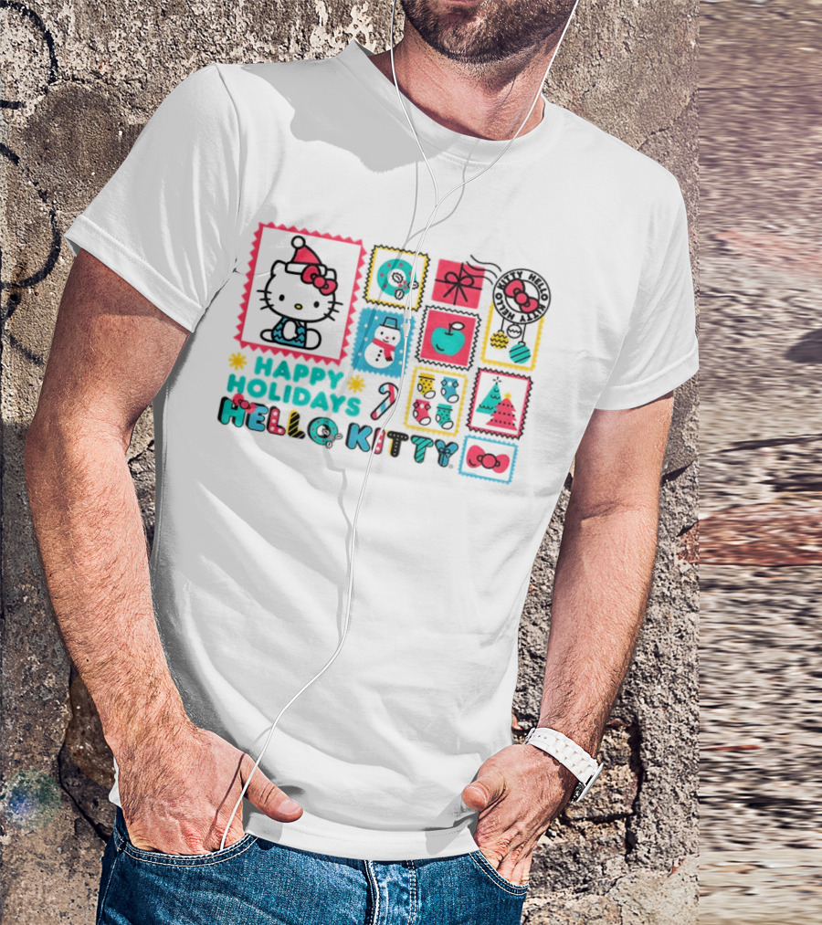 Happy Holidays Hello Kitty Merry Christmas Candy Cane Bow Trees Gift Snowman T-Shirt