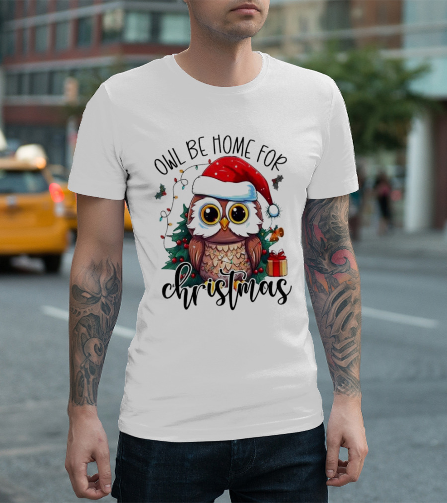 Owl Be Home for Christmas Santa Hat Owl Festive Lights Gift Box T-Shirt