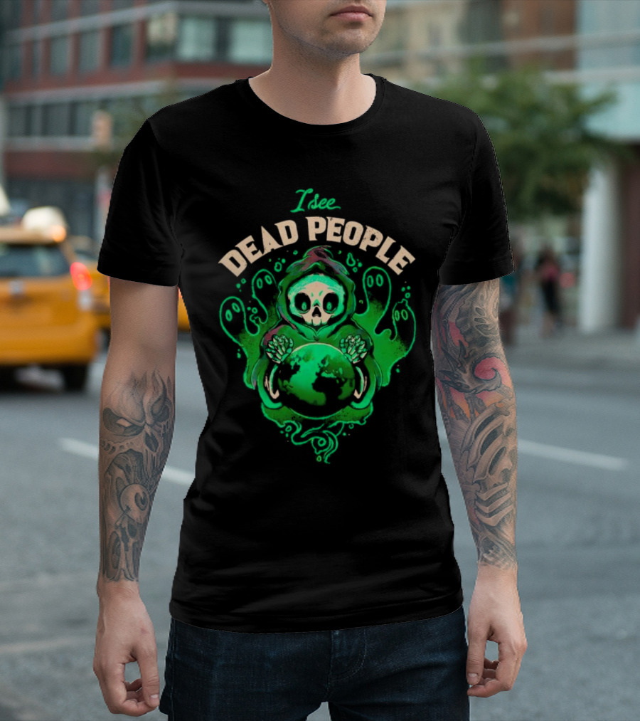 I See Dead People Grim Reaper Holding Earth With Ghosts T-Shirt
