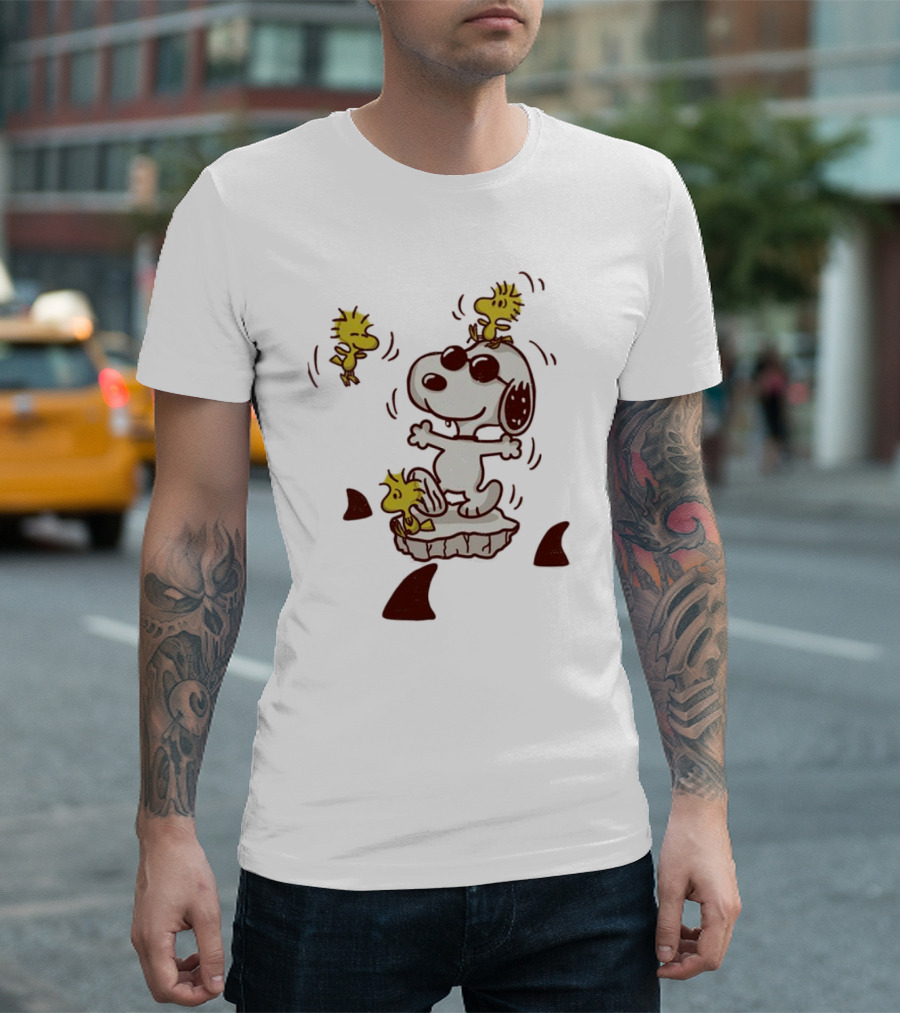 Snoopy and Woodstock Peanuts Dangerous Waters Shark Alert T-Shirt