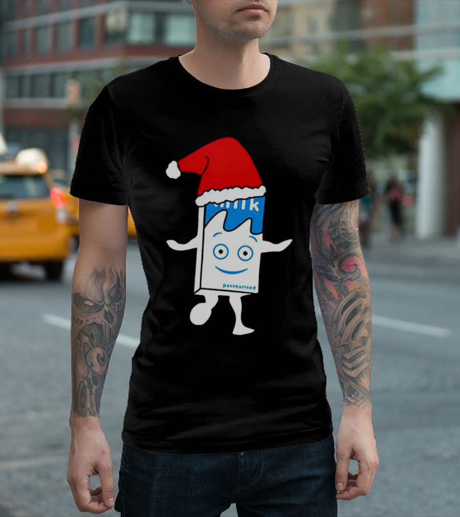 Blur Milk Christmas Cartoon with Santa Hat T-Shirt