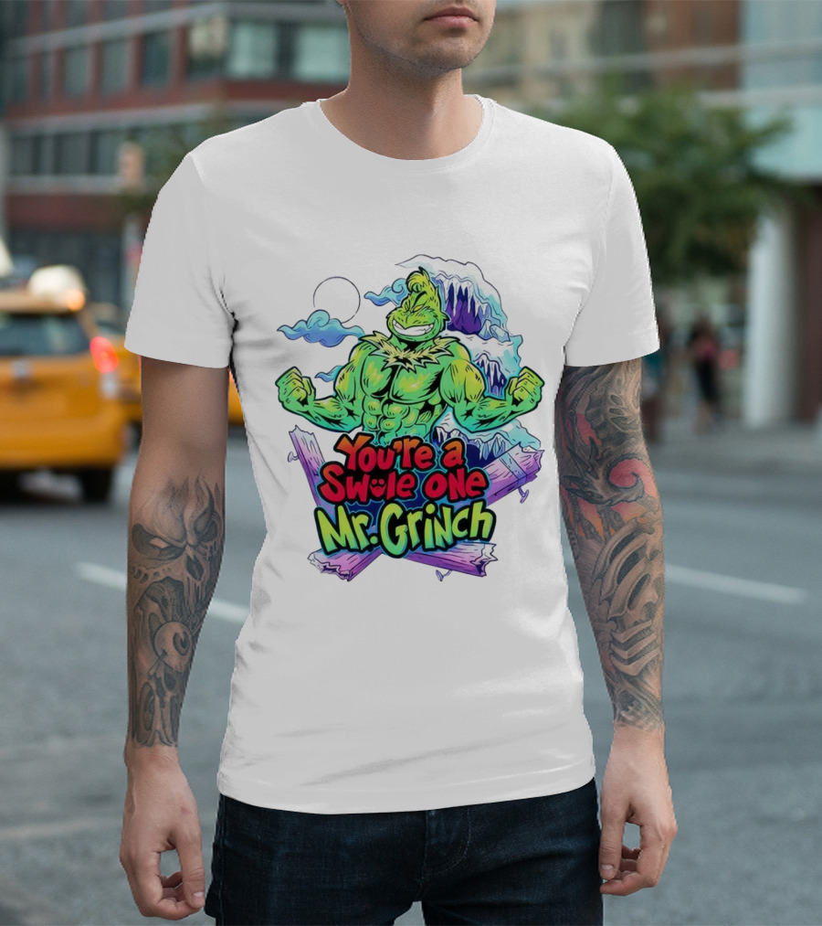 You’re a Swole One Mr Grinch Fitness Muskula Green Character with Frosted Mountain Background T-Shirt