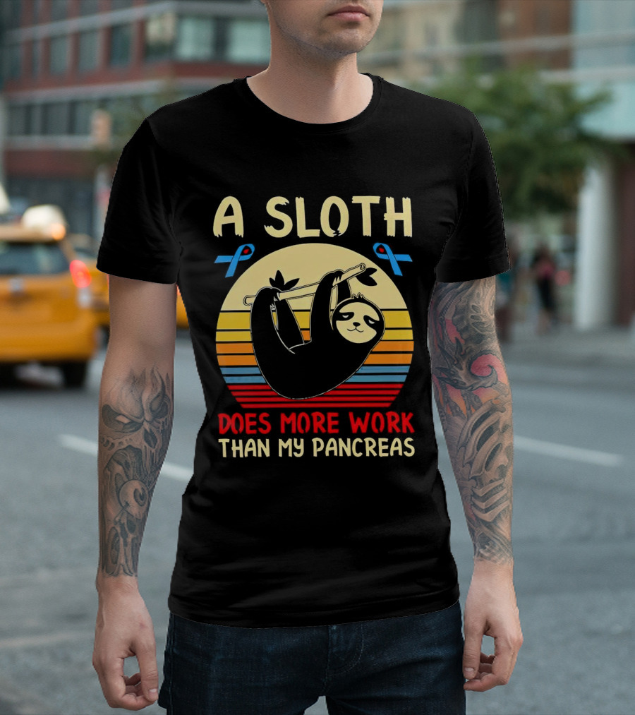 A Sloth Does More Work Than My Pancreas Vintage Style with Blue Diabetes Awareness Ribbons T-Shirt