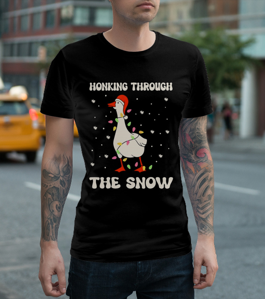 Honking Through the Snow Goose Wrapped in Christmas Lights T-Shirt
