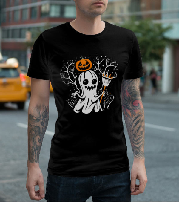 Pumpkin King Halloween Ghost With Broomstick T-Shirt