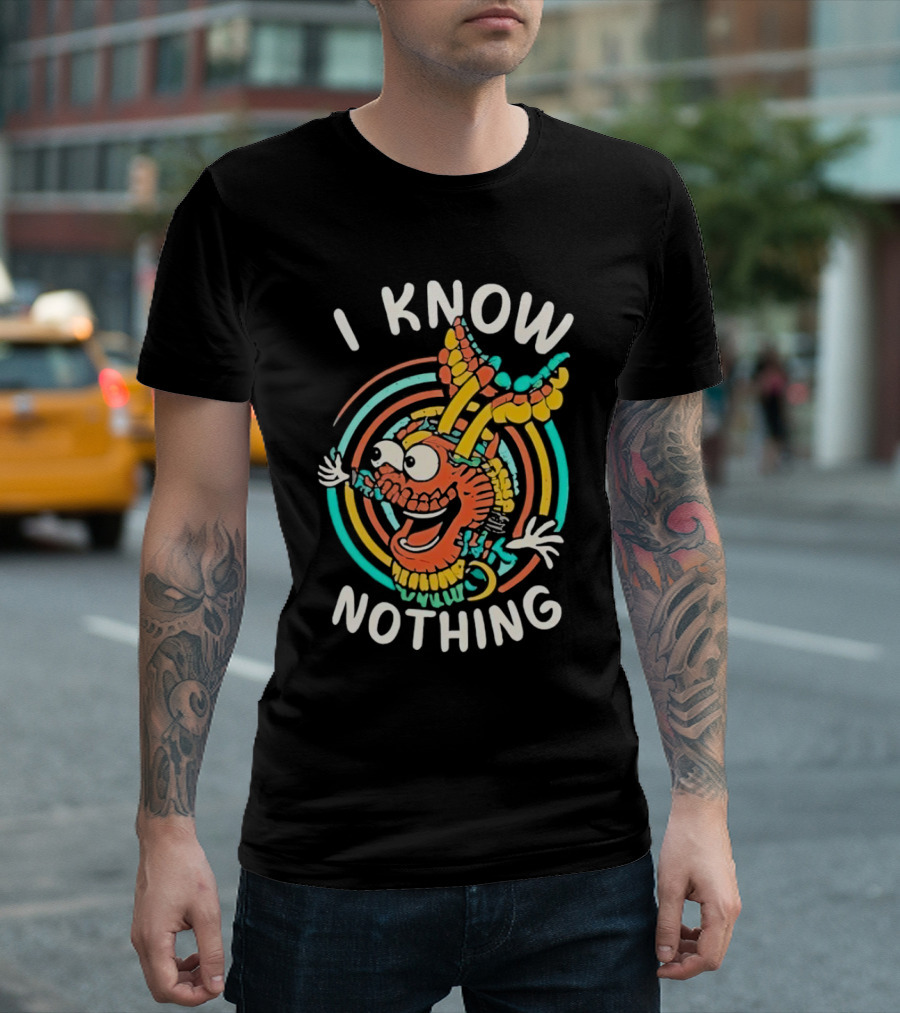 I Know Nothing Vibrant Cartoon Creature with Colorful Swirls T-Shirt
