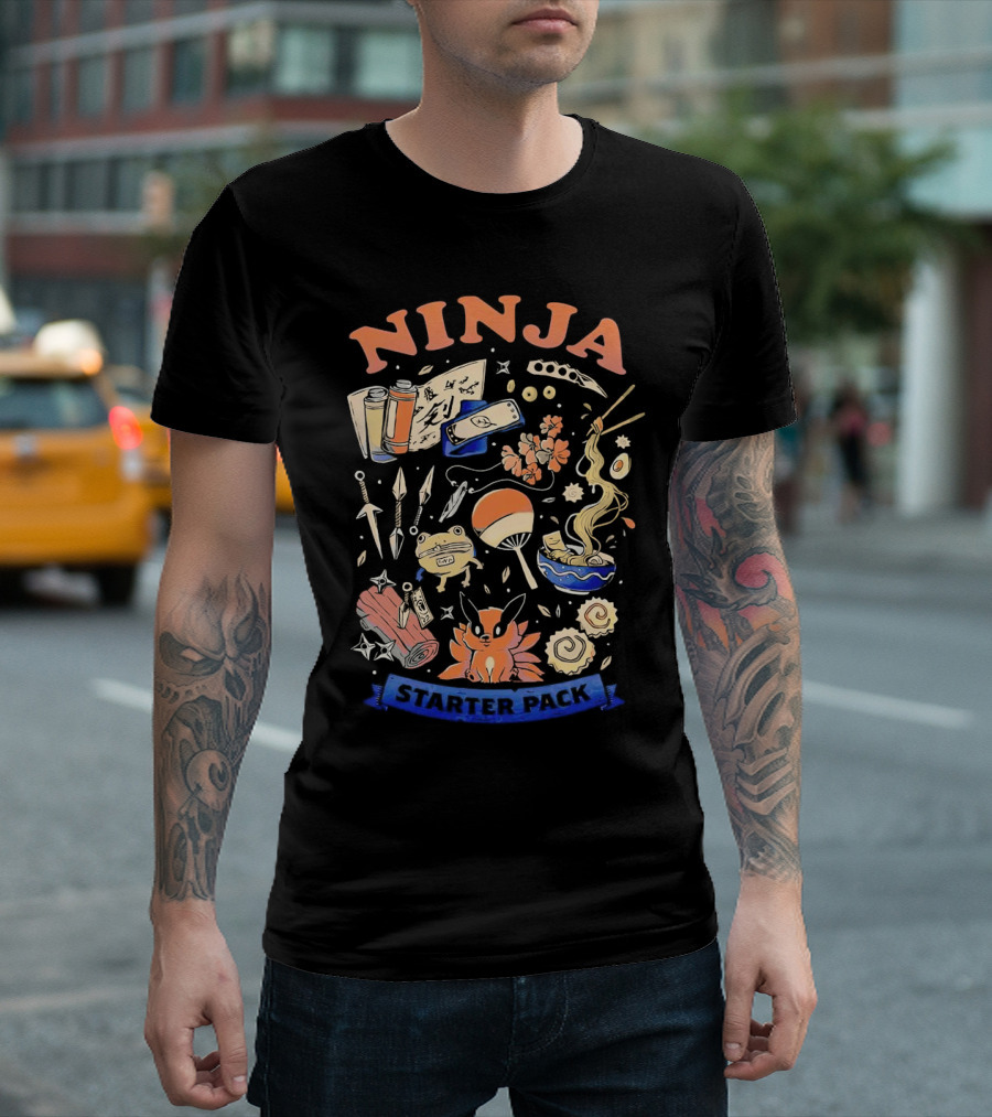 Ninja Starter Pack Kunai Scrolls Shuriken Ramen Chopsticks Anime Fox Pokeball T-Shirt