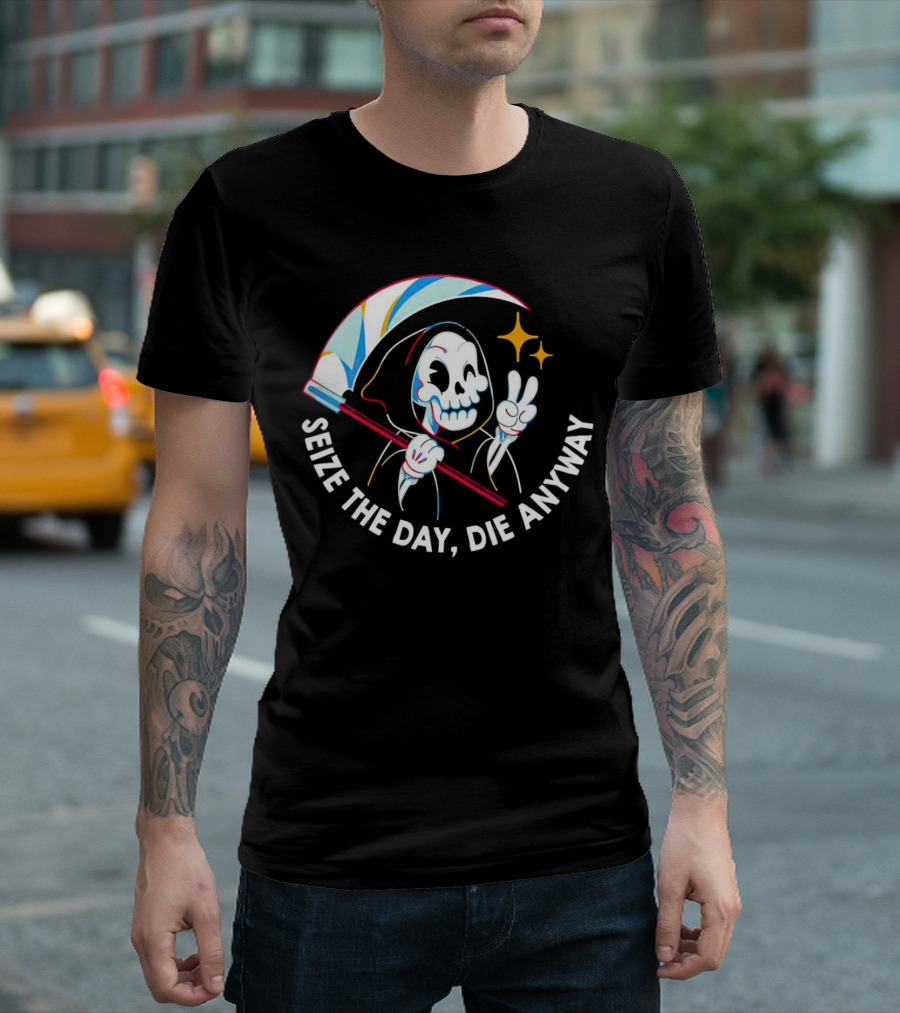Seize The Day Die Anyway Grim Reaper Peace Sign T-Shirt