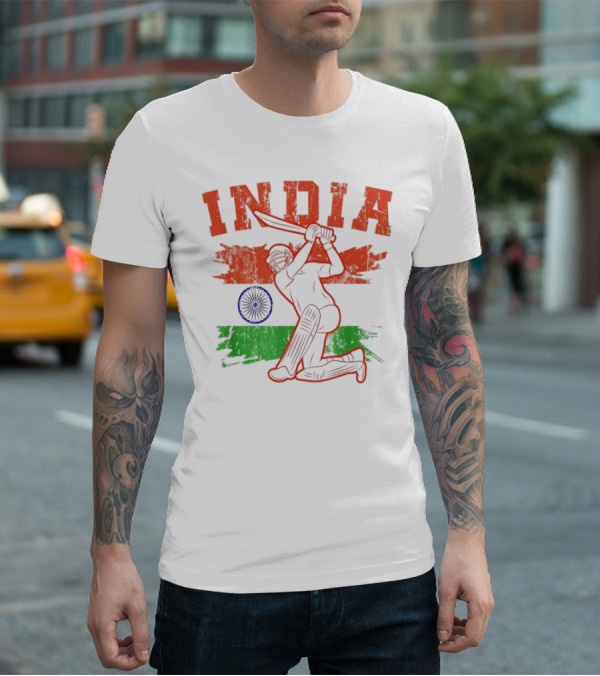 India Cricket Enthusiasts Batting Action With Ashoka Chakra T-Shirt