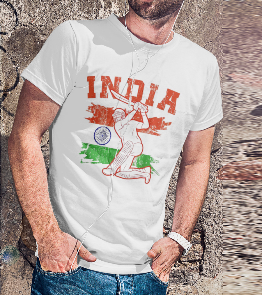 India Cricket Enthusiasts Batting Action With Ashoka Chakra T-Shirt