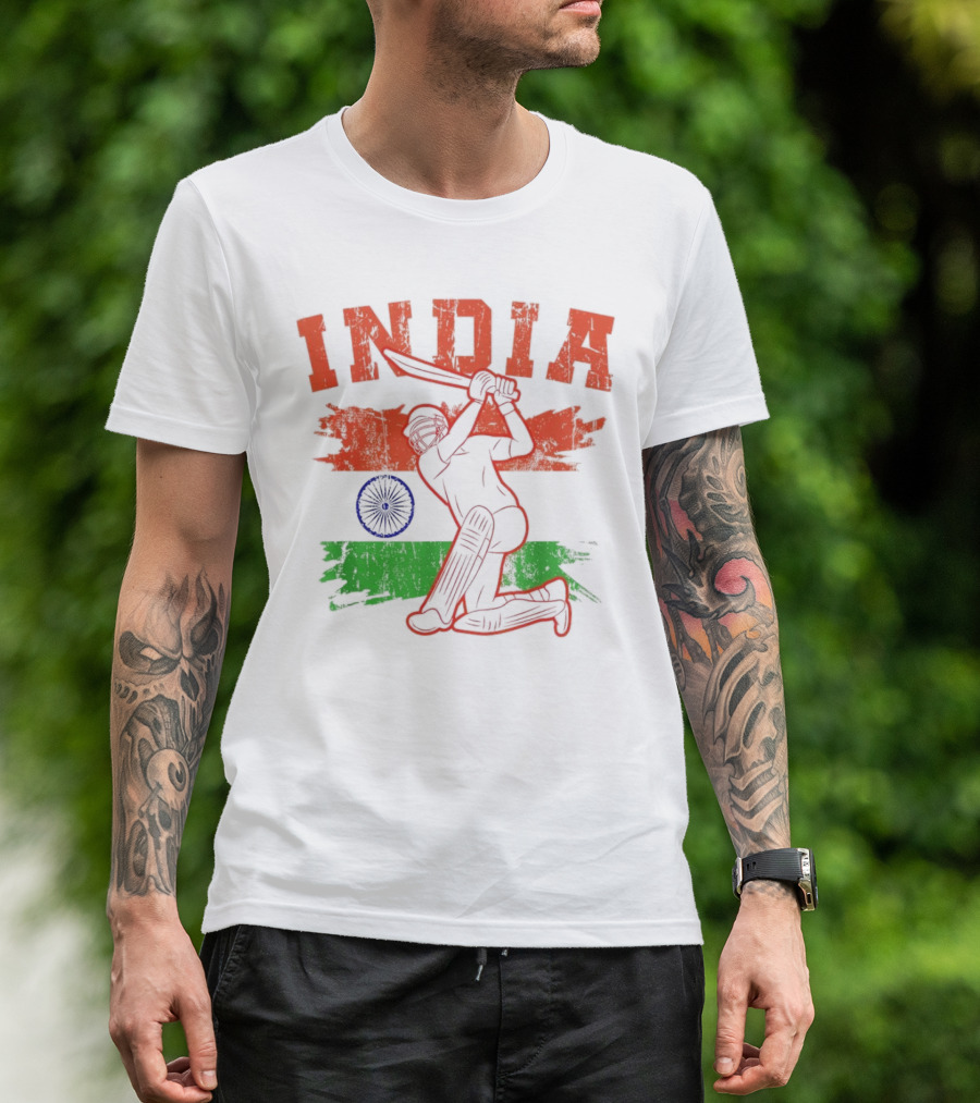 India Cricket Enthusiasts Batting Action With Ashoka Chakra T-Shirt