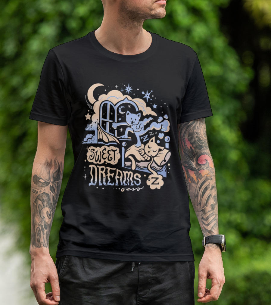 Sweet Dreams Dreaming Cat Under Moon And Stars T-Shirt