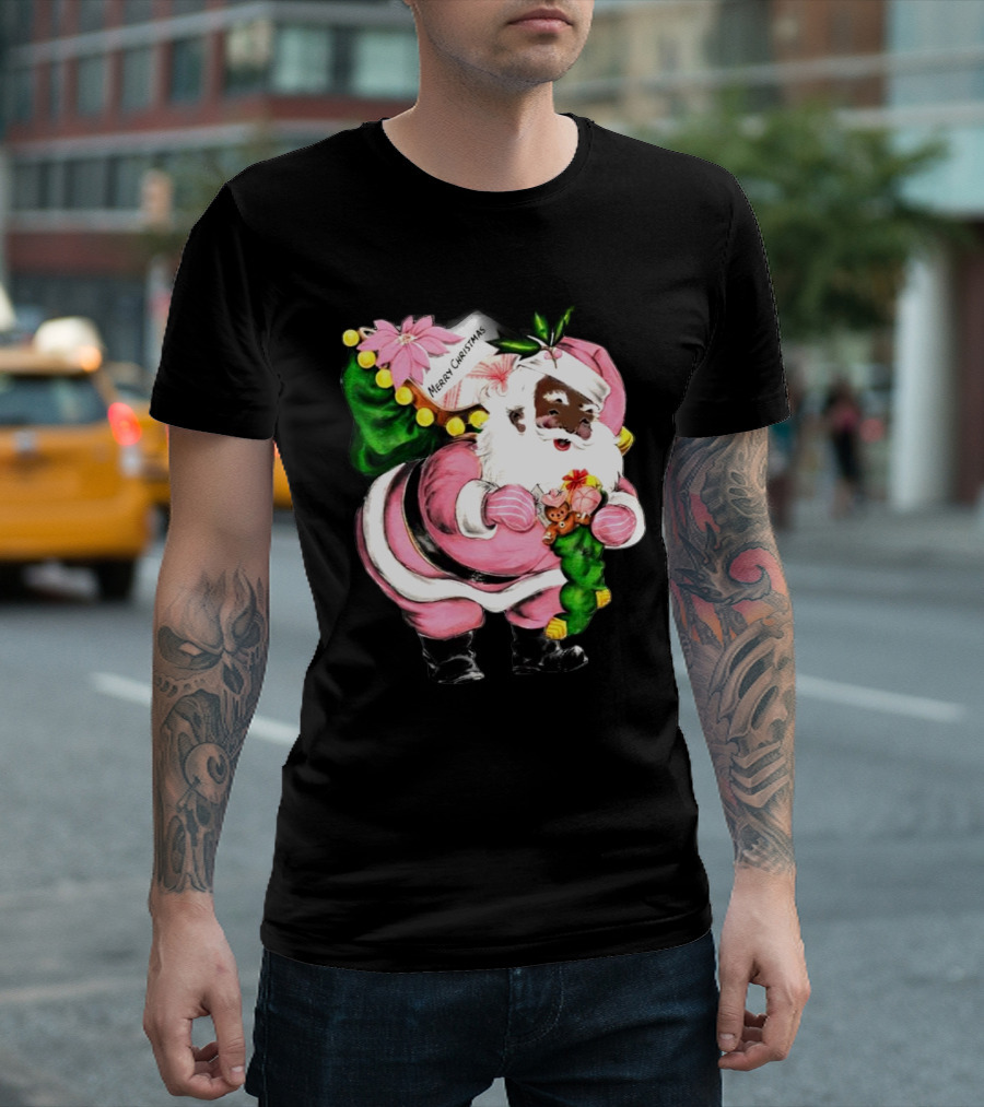 Merry Christmas Pink African-American Black Santa Claus with Gifts T-Shirt