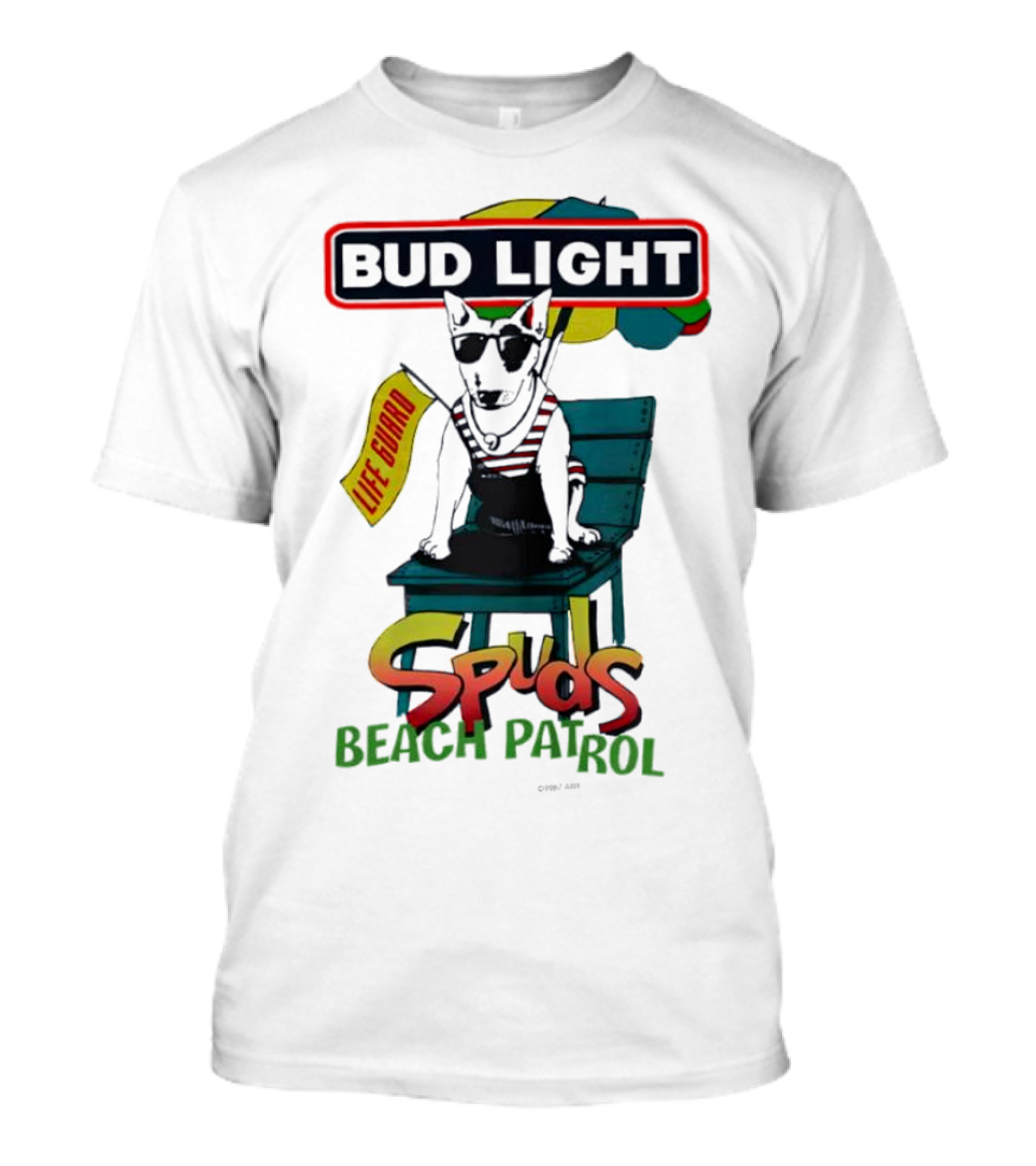 Bud Light Spuds Mackenzie Lifeguard Beach Patrol Umbrella Chair T-Shirt