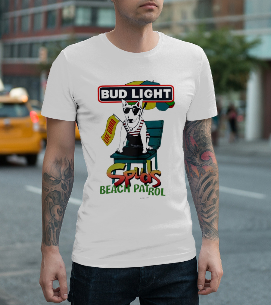 Bud Light Spuds Mackenzie Lifeguard Beach Patrol Umbrella Chair T-Shirt