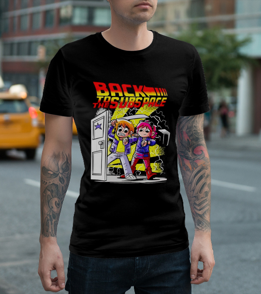 Back to the Subspace Scott Pilgrim and Ramona with Retro Door and Lightning T-Shirt