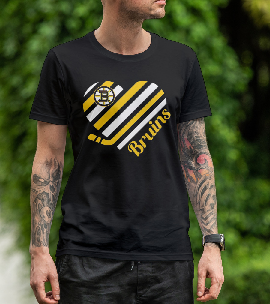 Boston Bruins Stripes Heart With Hockey Stick T-Shirt