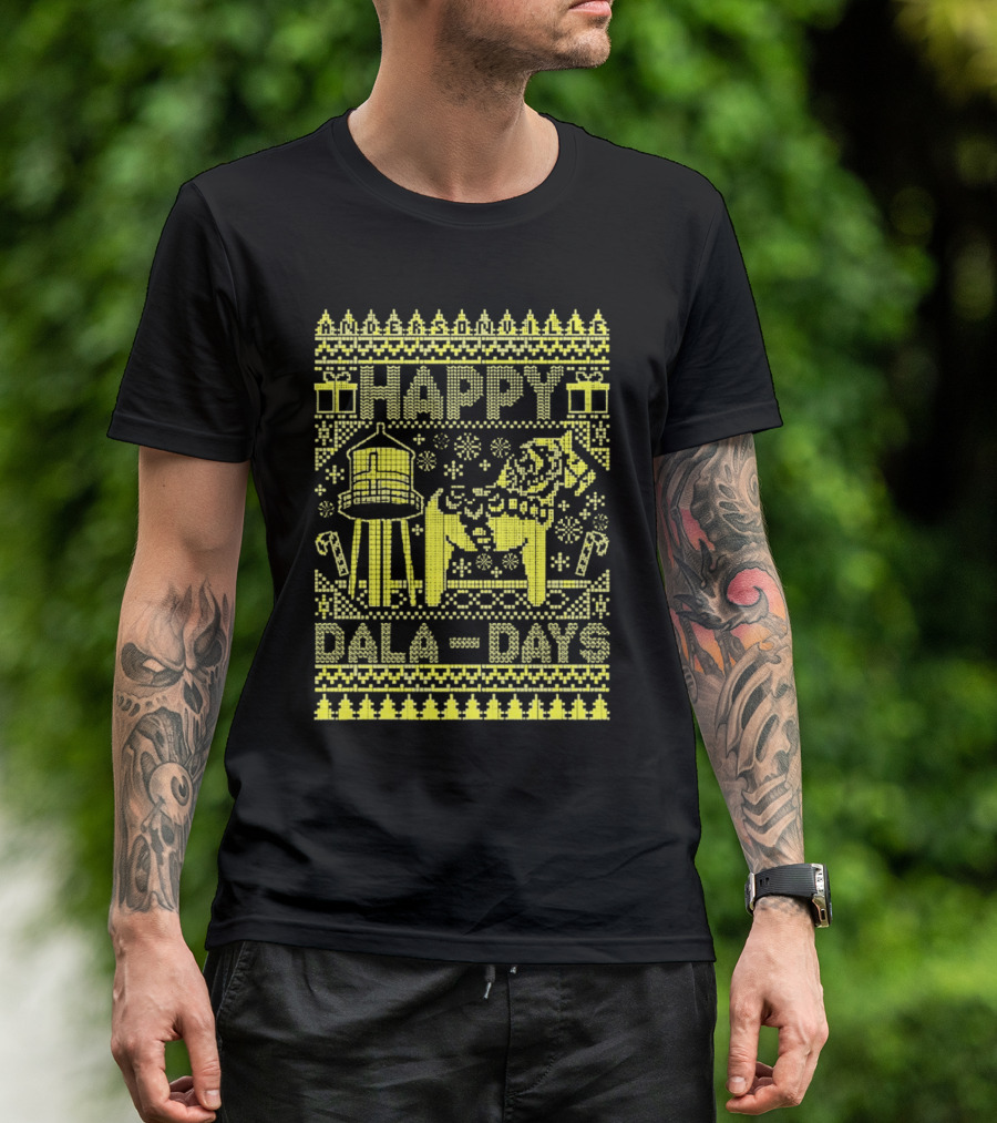 Andersonville Happy Dala Days Christmas Sweater Pattern With Water Tower And Dala Horse T-Shirt
