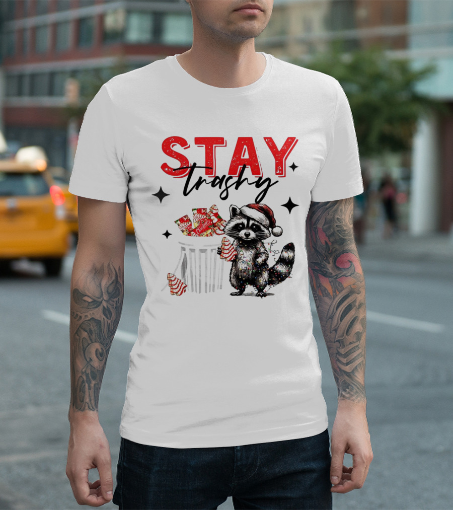 Stay Trashy Christmas Raccoon Santa Hat Trash Can Holiday Cheer T-Shirt
