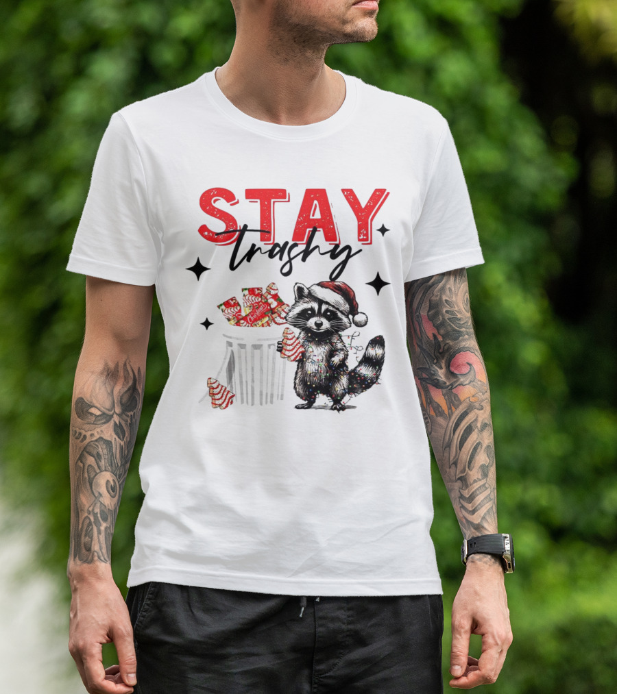 Stay Trashy Christmas Raccoon Santa Hat Trash Can Holiday Cheer T-Shirt