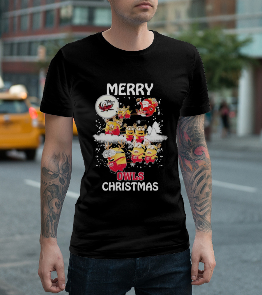 Minions Merry Temple Owls Christmas Santa Snow Scene T-Shirt