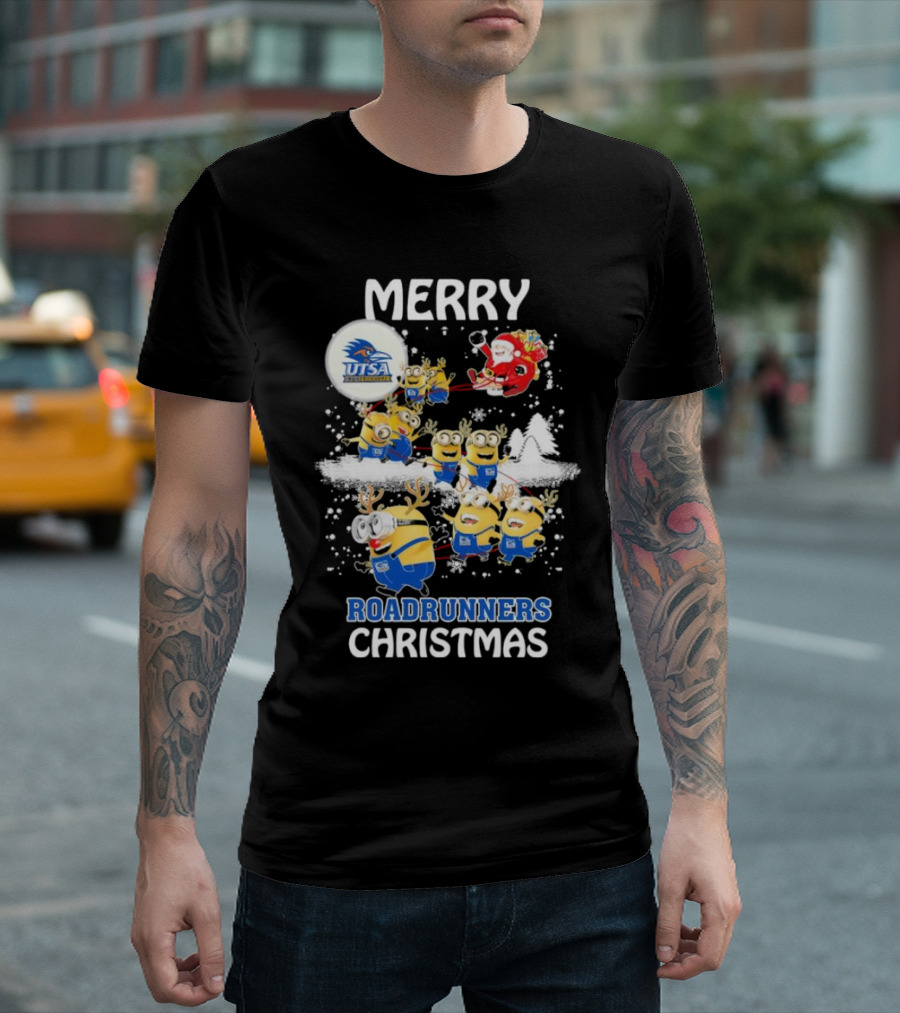 Merry UTSA Roadrunners Minions Christmas with Santa and Reindeer T-Shirt