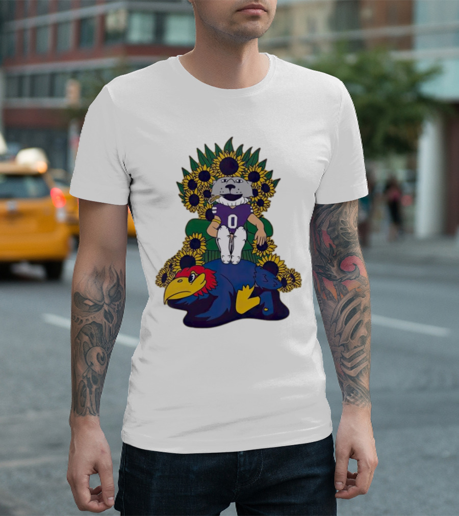 Kansas State Wildcats Mascot Sunflowers Throne with Kansas Jayhawks T-Shirt