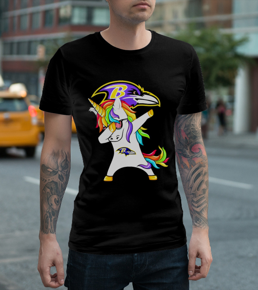 Unicorn Dabbing With Baltimore Ravens Logo And Rainbow Mane T-Shirt