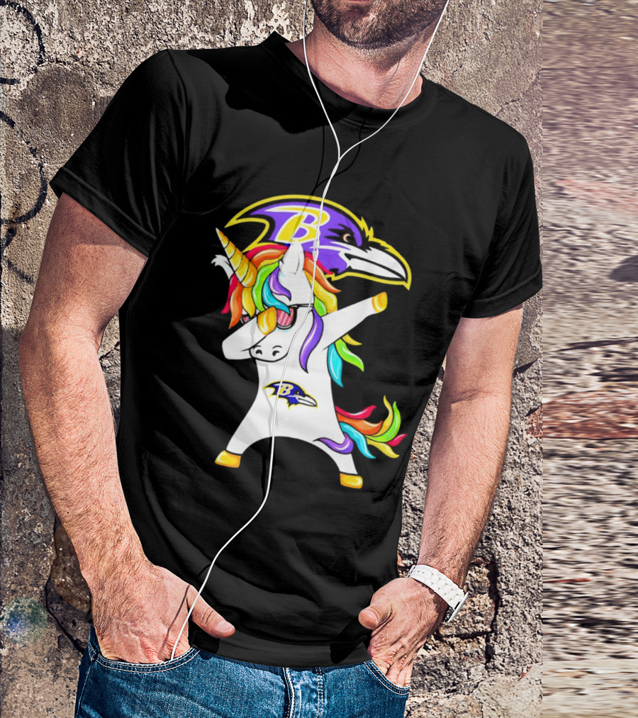 Unicorn Dabbing With Baltimore Ravens Logo And Rainbow Mane T-Shirt