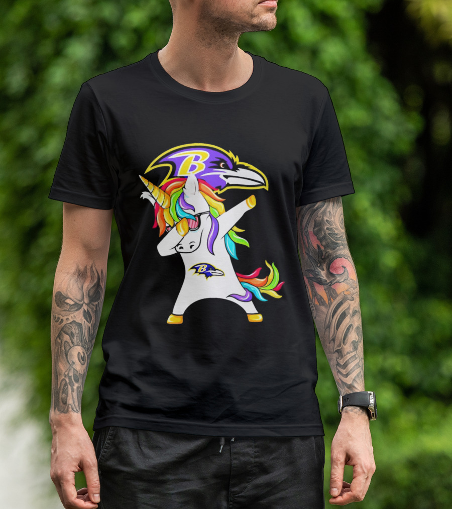 Unicorn Dabbing With Baltimore Ravens Logo And Rainbow Mane T-Shirt
