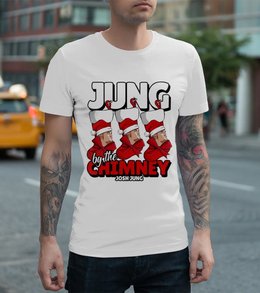 Jung By the Chimney Josh Jung Texas Rangers Santa Hat Bow T-Shirt