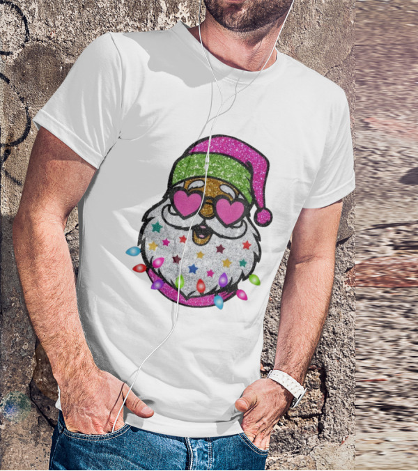 Glittery Pink Santa Claus With Heart Sunglasses And Colorful Stars And Holiday Lights T-Shirt