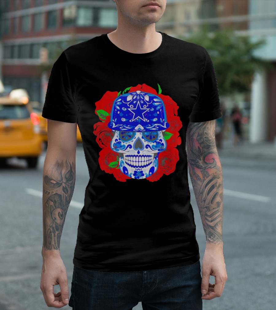 Dallas Cowboys Sugar Skull with Blue Star Hat and Roses T-Shirt