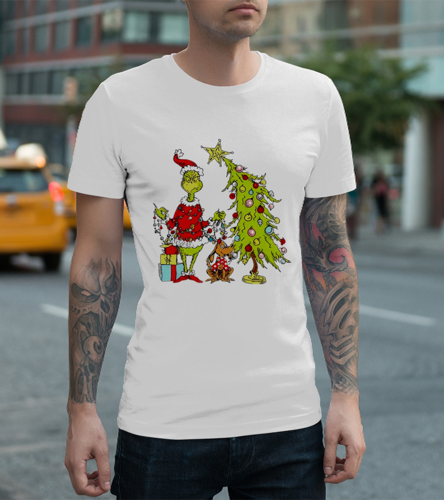 Grinch In Santa Hat And Dog With Christmas Tree And Presents T-Shirt