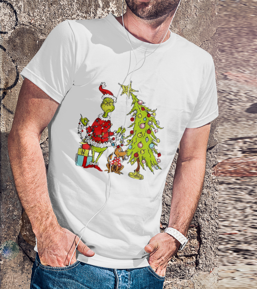 Grinch In Santa Hat And Dog With Christmas Tree And Presents T-Shirt