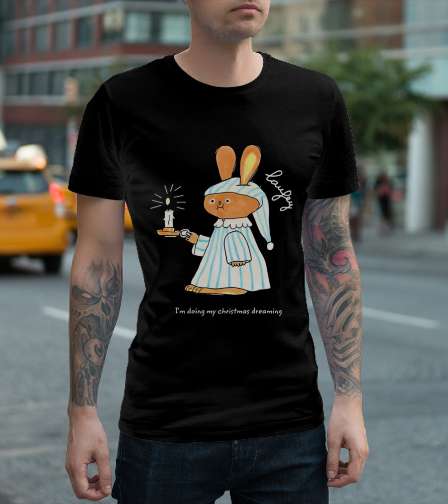 Laufey Bunny in Pajamas Holding Candle I'm Doing My Christmas Dreaming T-Shirt