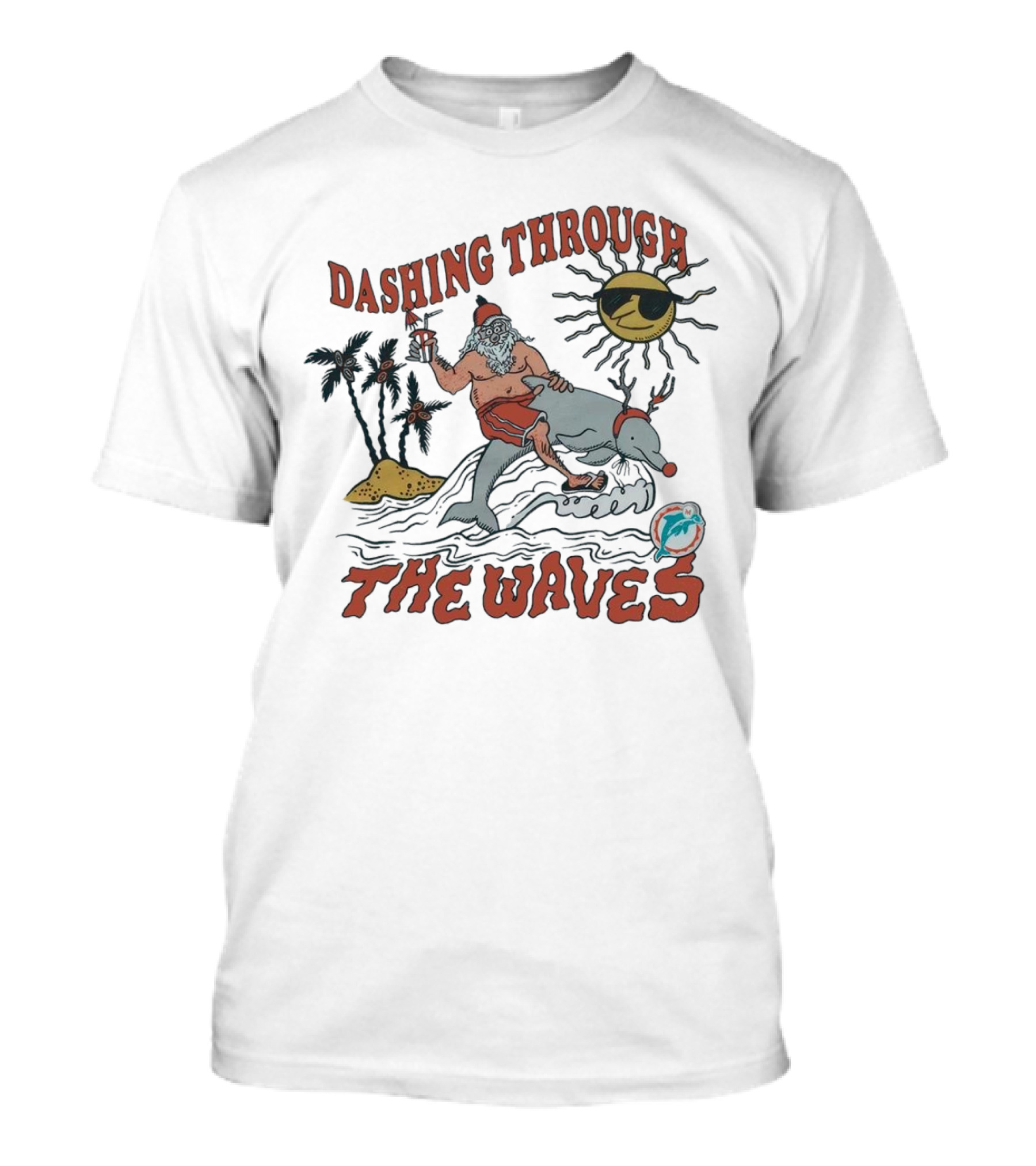 Dashing Through The Waves Miami Dolphins Christmas Santa Riding Dolphin T-Shirt