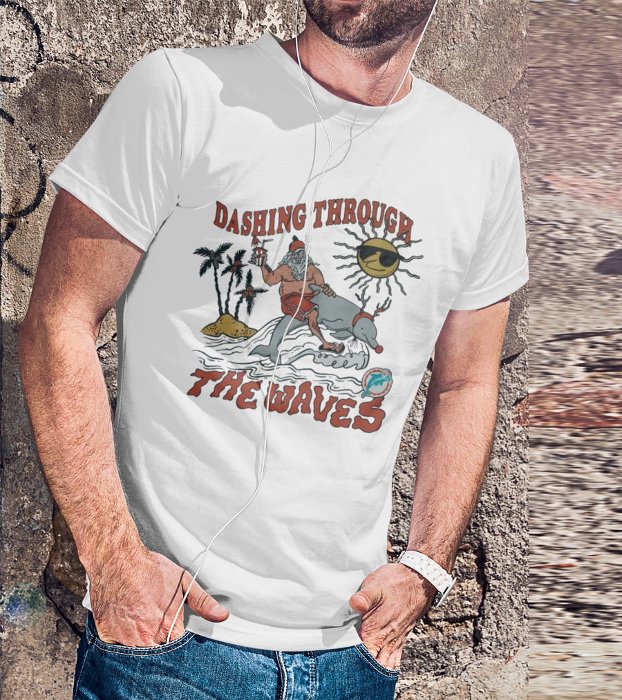 Dashing Through The Waves Miami Dolphins Christmas Santa Riding Dolphin T-Shirt