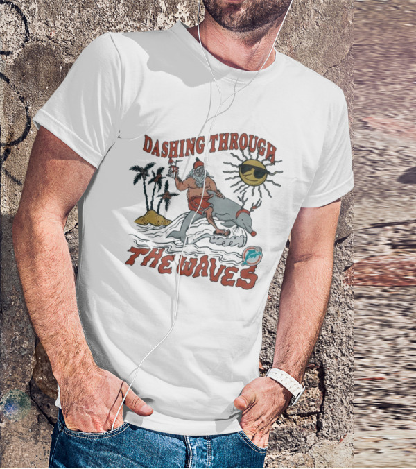 Dashing Through The Waves Miami Dolphins Christmas Santa Riding Dolphin T-Shirt