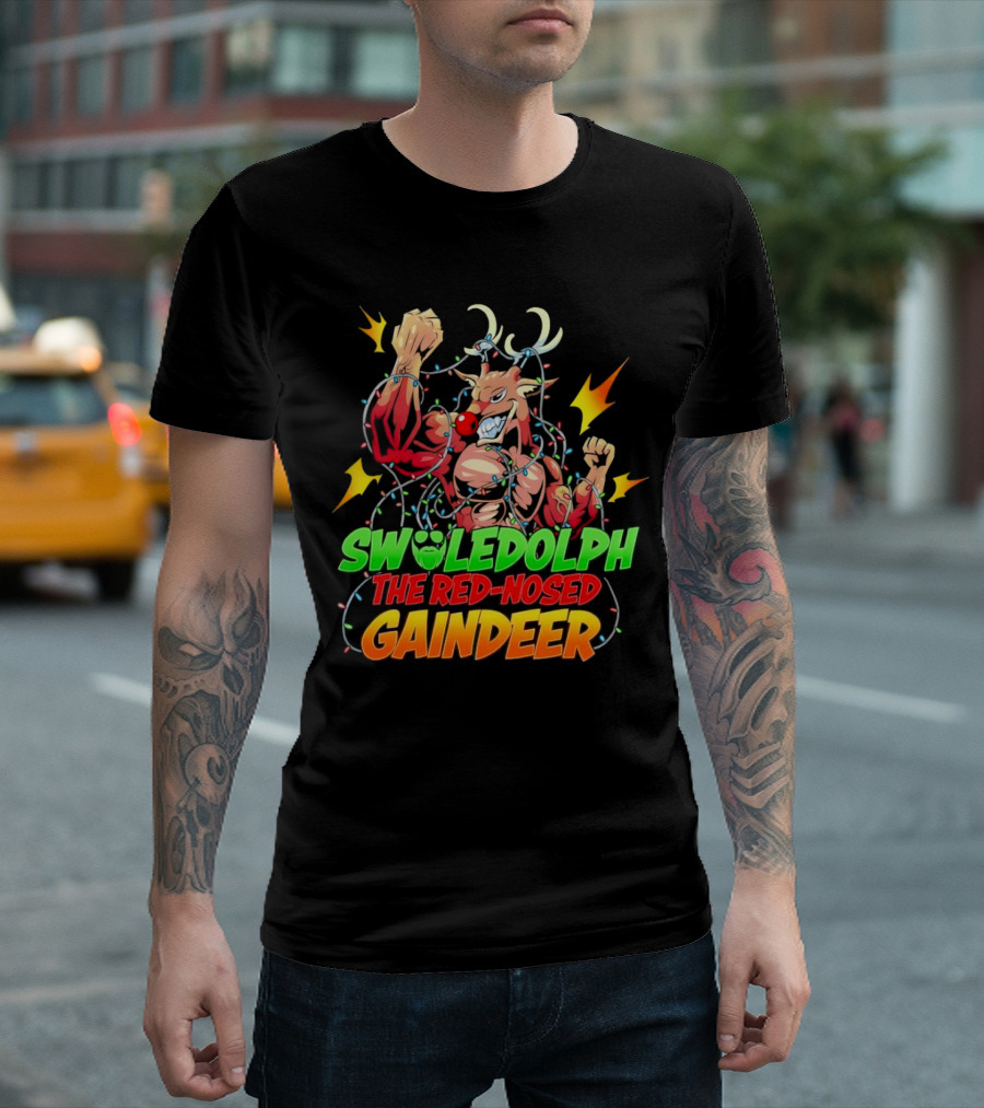 Swoledolph The Red-Nosed Gaindeer Christmas Lights Flexing T-Shirt
