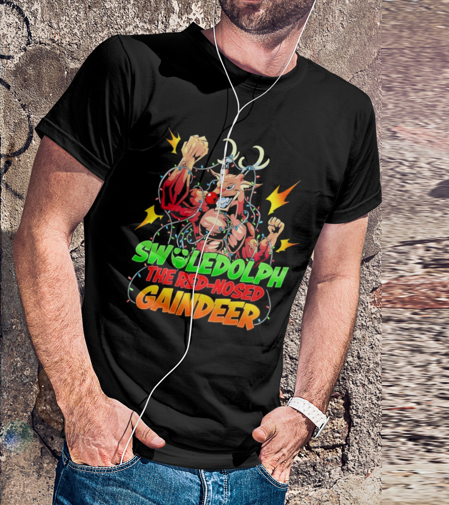 Swoledolph The Red-Nosed Gaindeer Christmas Lights Flexing T-Shirt