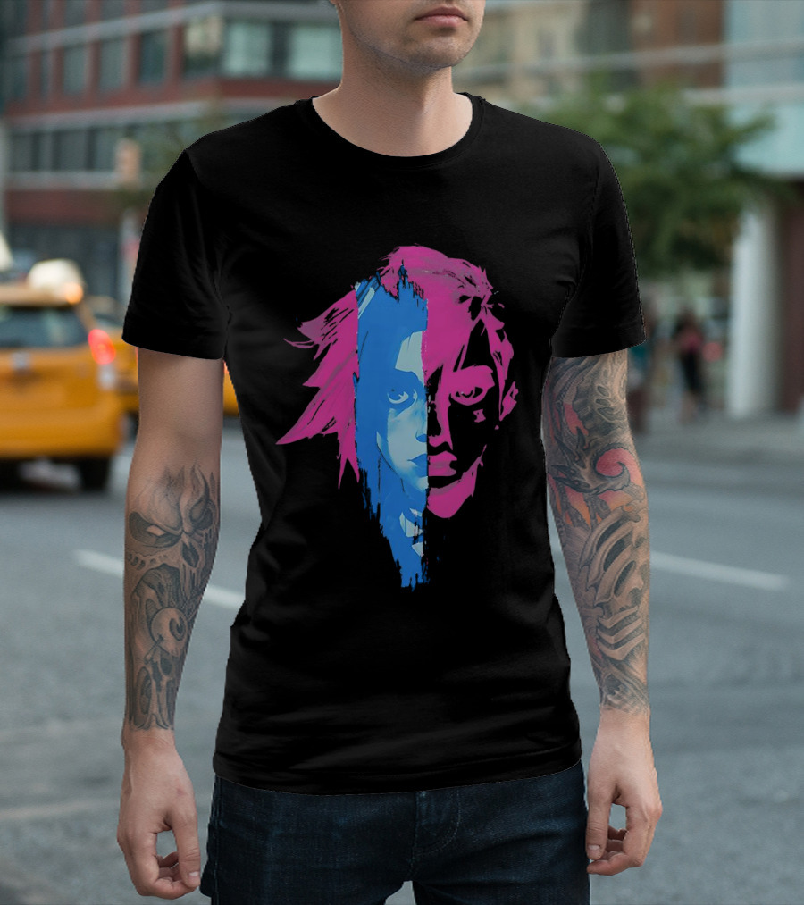 Arcane Vi and Jinx Split Face Blue and Pink T-Shirt