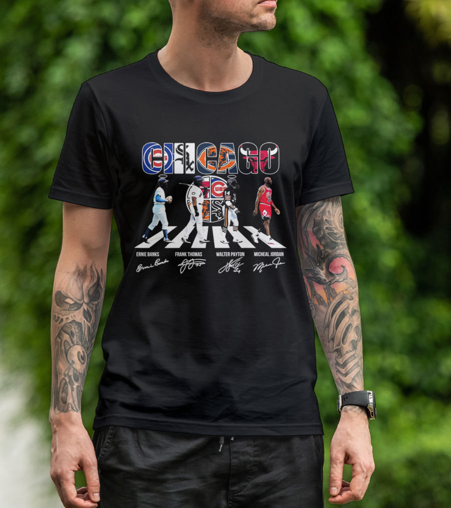 Chicago Cubs Bears Bulls Abbey Road Ernie Banks Frank Thomas Walter Payton Michael Jordan Signatures T-Shirt