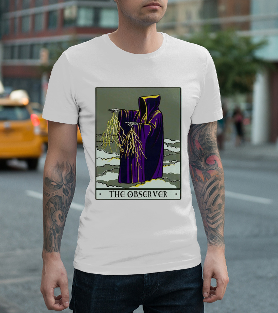 The Observer Hooded Figure with Lightning Tarot Card T-Shirt