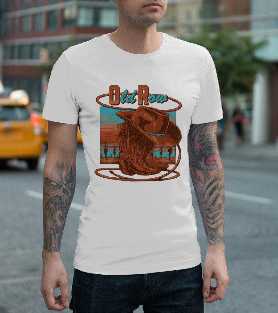 Old Row Western Cowboy Boots And Hat Desert Scene T-Shirt