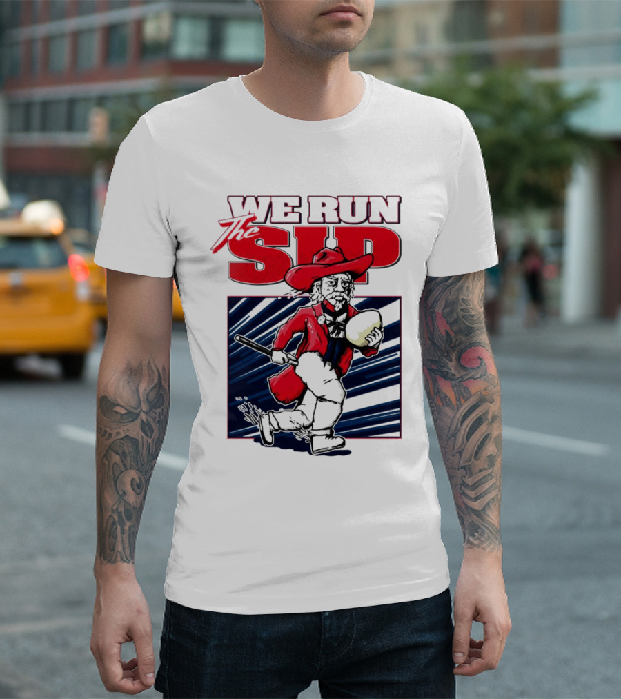 We Run The Sip Ole Miss Rebels Football Mascot Running With Ball T-Shirt