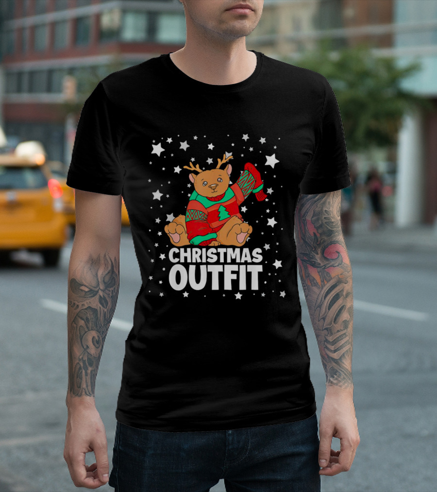 Bear Reindeer Christmas Outfit With Festive Sweater And Stars T-Shirt